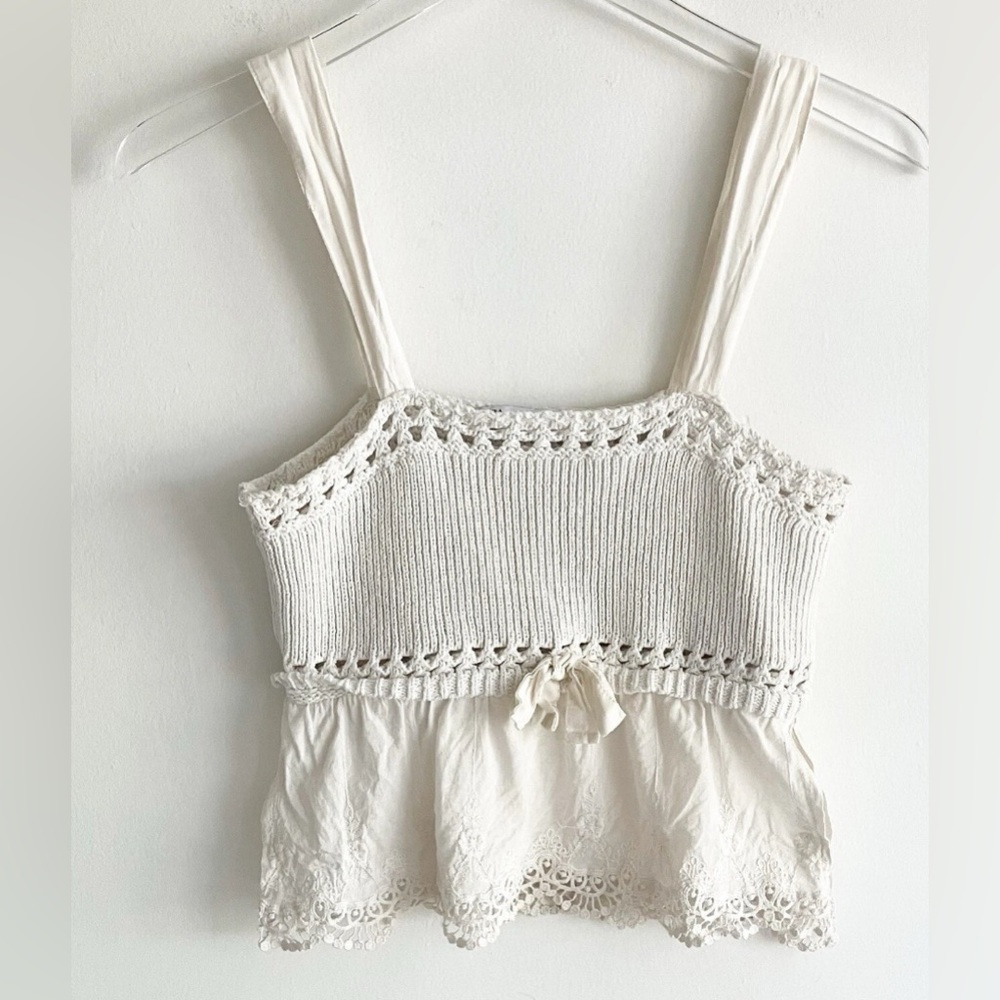 Zara Size Small Top Knit Crochet Lace Bow Sleeveless - Ivory - NWT